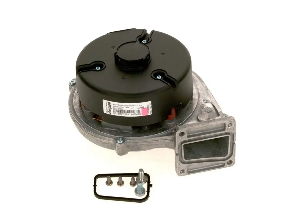 Bosch-Gebläse mit schwarzem Gehäuse, montiert auf einer metallischen Plattform. Zubehörteile wie Schrauben und Dichtungen sind daneben zu sehen.